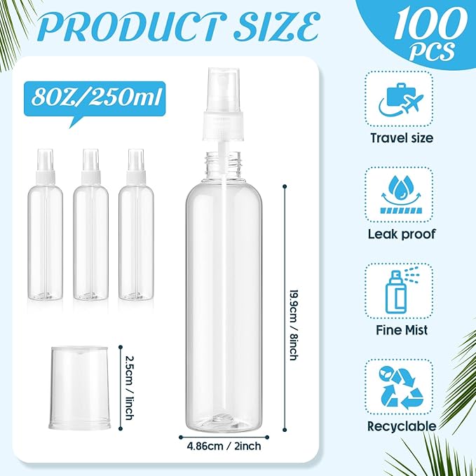 Tanlade 100 Pcs 8 oz Empty Spray Bottles with Pump Spray Cap Refillable Clear Plastic Misting Bottles Fine Mist Bottle for Hair Essential Oils Beauty Products Cleaning Travel(White)