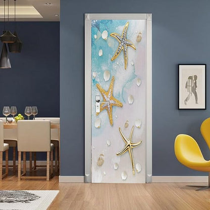 A.Monamour 3D Door Stickers for Interior Doors Nautical Pattern with Starfish Shells on Sandy Beach Vinyl Waterproof Self Adhesive Door Mural Decals for Bedroom Office Bathroom 77x200cm