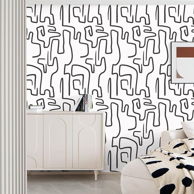 Ismoon 17.3"X78.7" Unique Black and White Wallpaper Peel and Stick Scribbles Wallpaper Modern Abstract Contact Paper Removable Self-Adhesive Wall Paper for Home Decoration Vinyl Film Roll
