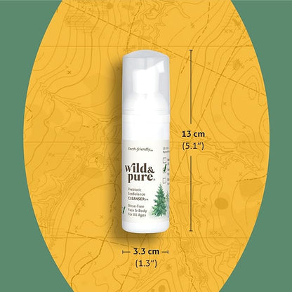 Wild & Pure Sensitive Skin Travel Size Body Wash Set (1.7Oz Foam, 0.9Oz Spray + wipes) | Cleanser, Deodorizer, Moisturizer | pH-Balanced, Microbiome-Friendly | EcoBalance Refillable Skincare