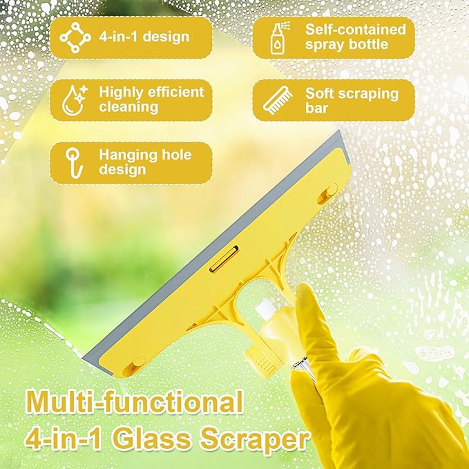 4 in 1 Window Cleaning Scraper Tool Kit, TPR Squeegee with Sprayer Bottle, Multifunctional Window Cleaning Tool, Detachable Brush, for Car, Home, Kitchen Windows (Yellow)
