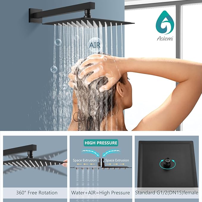 Aolemi Shower Faucet Set, High Pressure Shower System with 2-in-1 Handheld Sprayer, Wall Mount Fixture Combo with Rough-in Valve, 10 Inch Shower Head, Matte Black