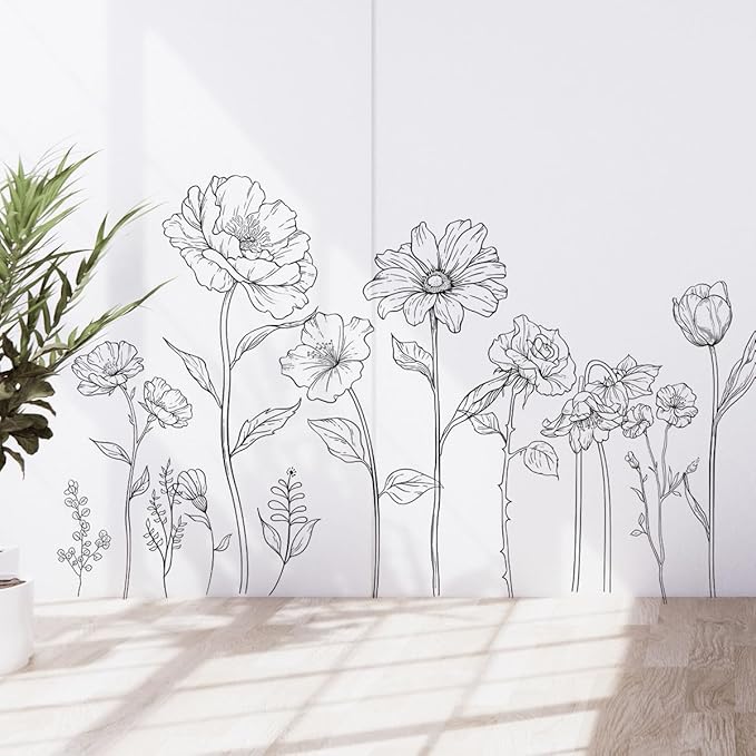 3 Sheets Wall Stickers DIY Boho Flower Wall Decal Removable Waterproof Wall Art Decor for Bedroom Living Room Offices Home Decoration (Black Flower)