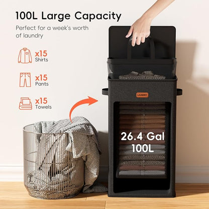 100L Laundry Hamper with Lid, Large Clothes Hampers with Removable Bag, Collapsible Laundry Basket for Bathroom, Bedroom, Laundry Room, Dorm, Black