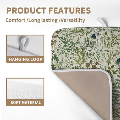 Sage Green Botanical Floral Dish Drying Mat for Kitchen Counter Vintage Herbs Fern Leaves Plant Drying Mats Absorbent Microfiber Dishes Drainer Mats Washable Dish Draining Pad Medium 16"x18"