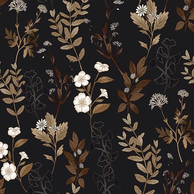 Fvlow Vintage Black Floral Self Adhesive Shelf Liner Wallpaper 17.4" x 78", Retro Brown Gold Leaf Design Wall Paper Contact Paper Waterproof Wall Covering for Countertop Desk Cabinets Drawer Liner