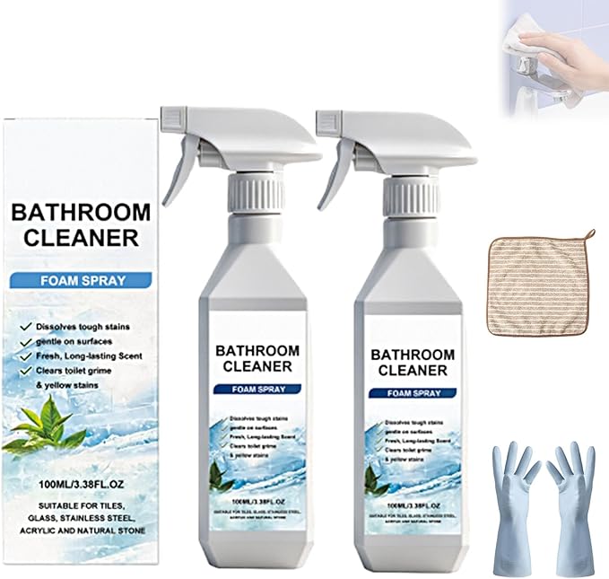 Scale Remover Bathroom Cleaner, Bathroom Cleaner Foam Spray for Shower, Glass, Stainless Steel, Tiles, Glass and Toilet, 3.38OZ (2Pcs)