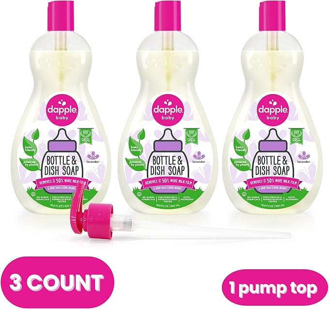 Dapple Baby Bottle Soap, Hypoallergenic Dish Soap for Baby Bottles, Powered by Plants, Lavender, 16.9 Fl Oz (Pack of 3)