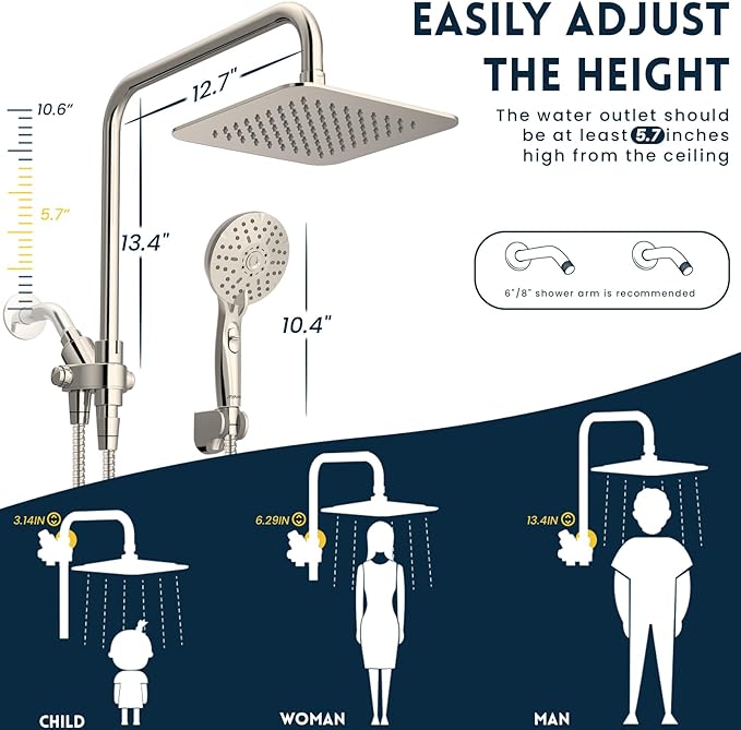 Ryamen Dual Shower Head Combo, Brushed Nickel 8'' High Pressure Rain/Rainfall Shower Head, 6 Settings Adjustable Handheld Showers, with 15" Height Adjustable Slide Bar, Holder/59’‘ Hose