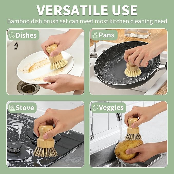 6 Pack Bamboo Dish Brush Set with Palm and Sisal Bristles, Natural Dish Scrubber for Fruit & Vegetables Cleaning, Kitchen Scrub Brush for Cast Iron Pots, Pans, Dishes