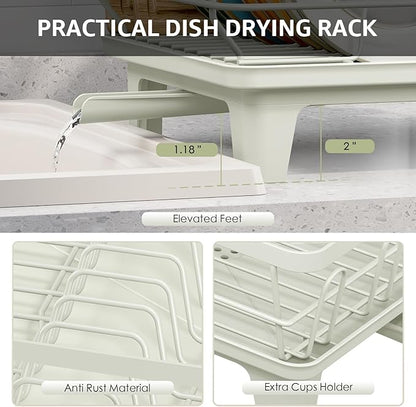 Urackify Dish Drying Rack for Kitchen Counter, Sink Dish Rack with Drainboard, Large Dish Drainer with Cups Holder, Home Countertop Plate Dryer Storage Rack with Cutlery Holder, Soft Celery Green