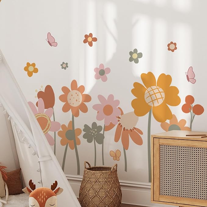 Cute Style Daisy Wall Decals Flower Wall Stickers Daisy Sticker Pink Yellow Flower Decal Peel and Stick Floral Wallpaper for Girls Bedroom Living Room Nursery Home Decor