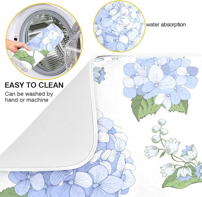 Blue Hydrangea Flowers Dish Drying Mat Super Absorbent Drying Mat Large Coffee Mat for Kitchen Counter Easy Clean Dish Mat Kitchen Drying Matt 18x24 inch