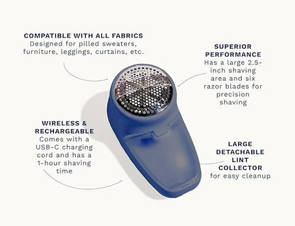 Nori Trim Fabric Shaver - Lint Remover for Clothes & Furniture Couch Pilling - Sweater Pill Remover - Clothes Shaver with 6 Precision Blades - Wireless and Rechargeable - Navy