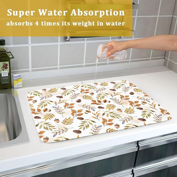 Fall Leaves Pine Cones Mushroom Dish Drying Mat 18 x 24 Inch With Absorbent Reversible Microfiber Orange Autumn Leaf Thanksgiving Drying Mats Dish Drainer Mat Fast Dry For Kitchen Dining Room Decor