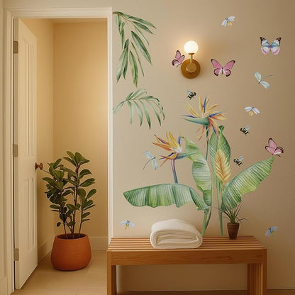 Large Peel and Stick Floral Bouquet Wall Decals Flowers Wall Stickers for Living Room Bedroom Accent Wall Decor, 22 PCS Bird of Paradise Tropical