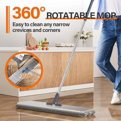 Flat Mop and Bucket for Home with Extra Refills, Stainless Steel Mop and Bucket with Wringer, Hands-Free Mop, Wet and Dry Use Mop with Long Handle (Black)