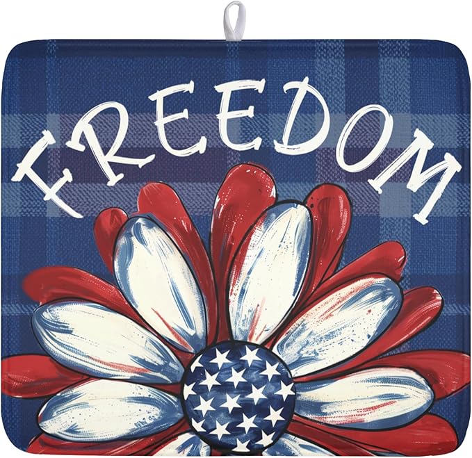 4th of July Dish Drying Mat 18x16 Inch, Patriotic Drying Mat with Absorbent Reversible Microfiber, Independence Day Dish Drainer Mats Memorial Day Rack Pad for Coffee Countertop Kitchen Protector