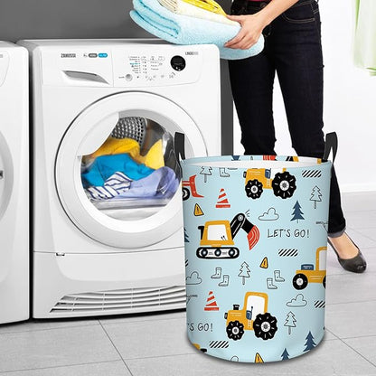 Car Laundry Basket for Boys, Construction Trucks, Construction Transports Theme Bucket, Collapsible Storage Bin with Handles for Toy, Gift for Chritsmas Thanksgiving 13.8x17.7in