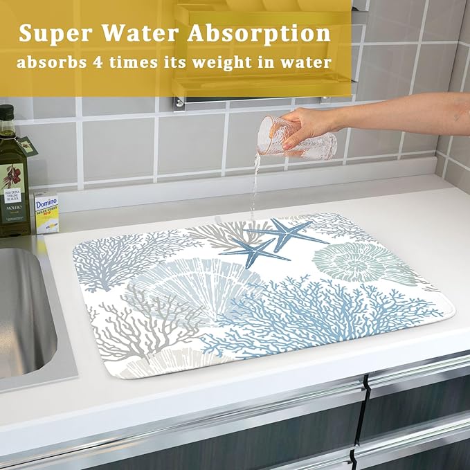 Nautical Coastal Dish Drying Mat for Kitchen Counter,Summer Ocean Themed Seashell Coral Starfish Drying Mat 18 x 24 Inch with High Absorbent Microfiber Dish Drying Drainer Mat for Coffee Bar