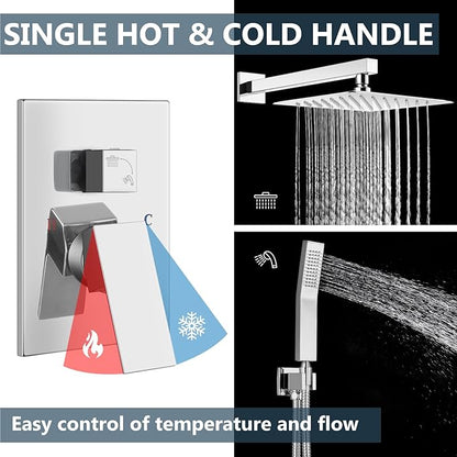 Aolemi Shower Faucet Set Rain Shower System with Handheld Spray Bathroom Shower Combo Rough-in Valve and Shower Trim Kit Included Polish Chrom 10 Inch Wall Mount Shower Head