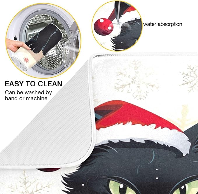 Christmas Dish Drying Mat Kitchen Counter Absorbent Black Cat Coffee Sink Mat Dish Drainer Pad 18 Inch x 16 Inch