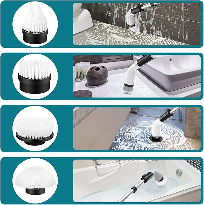 Electric Spin Scrubber LA1 Pro,with 4 Replaceable Brush Heads,Cordless Spin Scrubber and Adjustable Size Extension Handle Power Full Cleaning Brush for Bathroom Floor