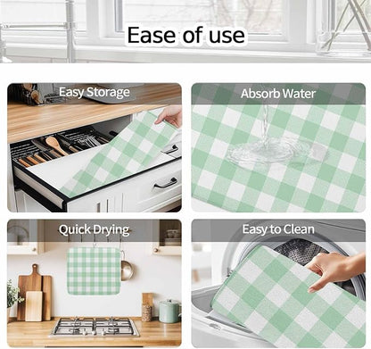 Dish Drying Mat Light Green Buffalo Check Plaid Drying Mats for Kitchen Counter Farmhouse Style Absorbent Microfiber Dish Drainer Quick Drying Coffee Mat with Hanging Loop, 16 x18 inch