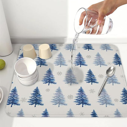 Winter Dish Drying Mat 16 x 18 Inch Blue Tree Dish Drying Pad Absorbent Microfiber Mats for Snowflake Dish Rack Pad for Holiday Kitchen Counter Coffee Bar Decor