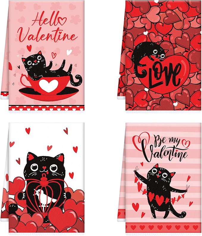 Valentines Day Kitchen Towels, 4PCS Cat Hand Towels for Cooking Cleaning, Absorbent Aesthetic Tea Towel with Hanging Loop for Valentines Home Kitchen Decor(16 X 24 Inches)