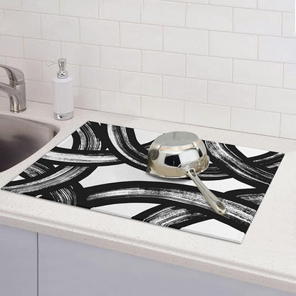 Black and White Abstract Curved Dish Drying Mats, 18" x 24" Absorbent Microfiber Modern Drying Pad for Kitchen Counter, Washable Reversible Foldable for Dishes, Sink, Utensils, Home Decor, Black