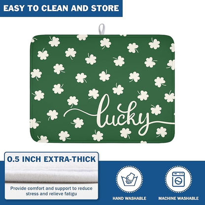 St Patricks Day Lucky Clover Dish Drying Mats for Kitchen Counter Green White Shamrock Dish Drying Pad St Patrick Microfiber Absorbent Reusable Washable Large Dishes Drying Mat 18x24 Inch