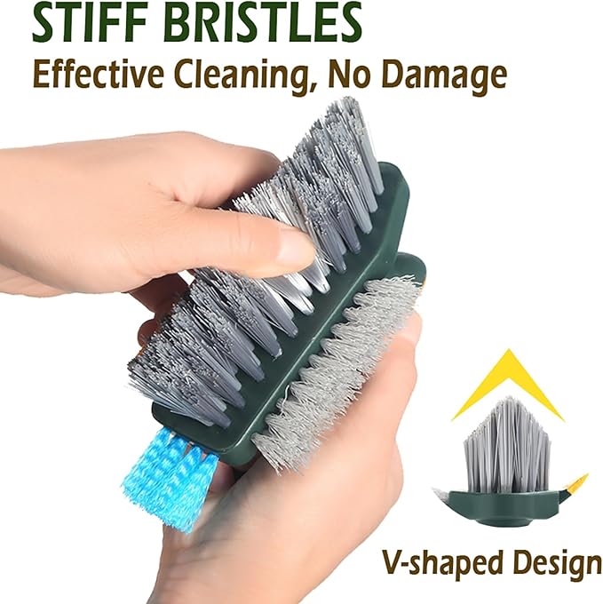 4 in 1 Grout Cleaning Brush with Scrape, V Shape Grout Cleaner Brush for Tile Floors, Tile Grout Brush with Stiff Bristles for Shower, Bathroom, Corner, Baseboard, Kitchen, Household - Green