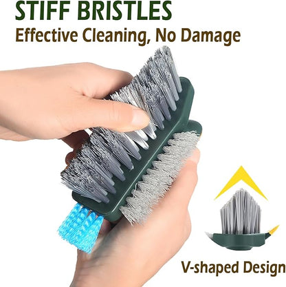 4 in 1 Grout Cleaning Brush with Scrape, V Shape Grout Cleaner Brush for Tile Floors, Tile Grout Brush with Stiff Bristles for Shower, Bathroom, Corner, Baseboard, Kitchen, Household - Green