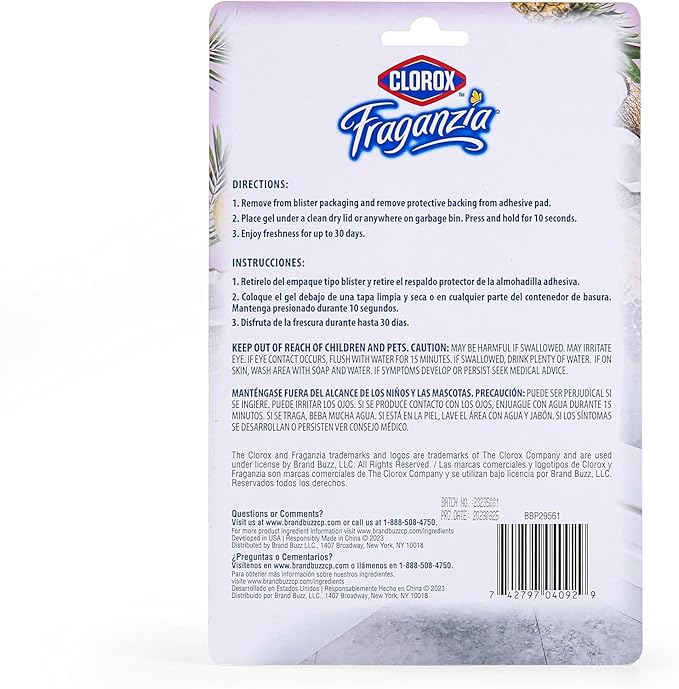 Clorox Fraganzia Stick-On Gel Fresheners, Island Escape Trash Can Deodorizer Up to 30 Days Scent, Odor Absorber for Kitchen, Bathroom, Closet, No Plug or Batteries, 0.12 Fl Oz, 6 Count - 12 Pack