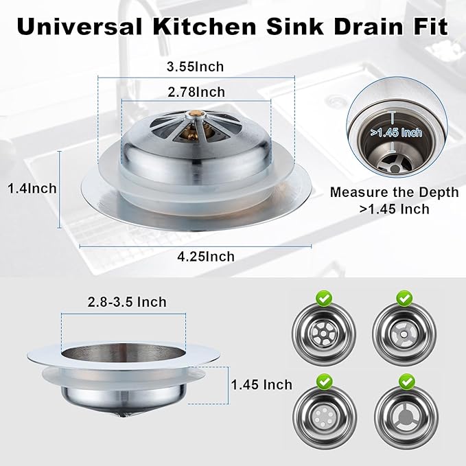 Kitchen Sink Drain Strainer – New Upgraded Kitchen Sink Stopper with One Extra Basket Filter – Premium Brass Material Pop Up Sink Strainer for US Standard 3-1/2 Inch Kitchen Drain, Silver
