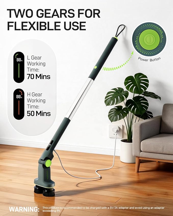 Electric Spin Scrubber, Cordless Power Scrubber with Dual Rotating Brush Heads, Adjustable Angle Handle 90°-180° 6 Replaceable Attachments, IPX7 Waterproof for Bathroom, Tile, Floor, Tub (C1 Plus)