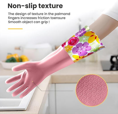 KAQ 3 Pairs Rubber Cleaning Gloves, Reusable Dishwashing Gloves for Kitchen with Cotton Liner, Long Cuff 16", Waterproof Non-Slip Household Gloves for Bleaching Bathroom, Laundry, Gardening (Large)