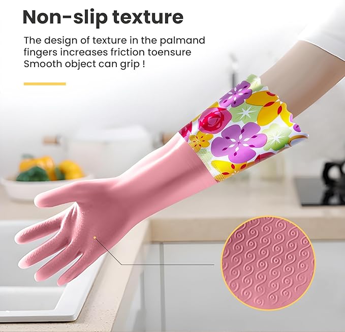 KAQ 3 Pairs Dishwashing Cleaning Gloves, Reusable Long Rubber Gloves with Cotton Lining, Latex Free Dish Washing Gloves, Water Resistant Household Glove for Kitchen Bathroom(Medium)