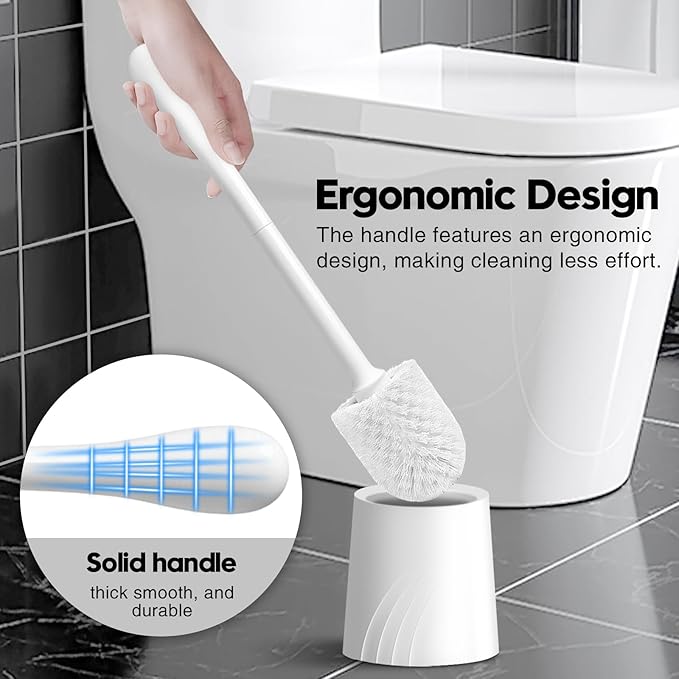 2 Pack Toilet Brush and Holder Set, Toilet Bowl Brush with Non-Slip Handle for Deep Cleaning, Nylon Bristles, Bathroom Accessories White