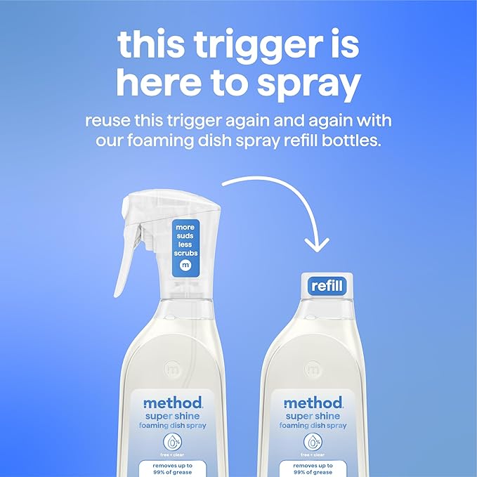Method Super Shine Foaming Dish Spray Refill, Reuse With Trigger, Powered by Enzymes, Free + Clear, Unscented, 16 fl oz
