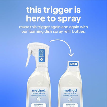 Method Super Shine Foaming Dish Spray Refill, Reuse With Trigger, Powered by Enzymes, Free + Clear, Unscented, 16 fl oz