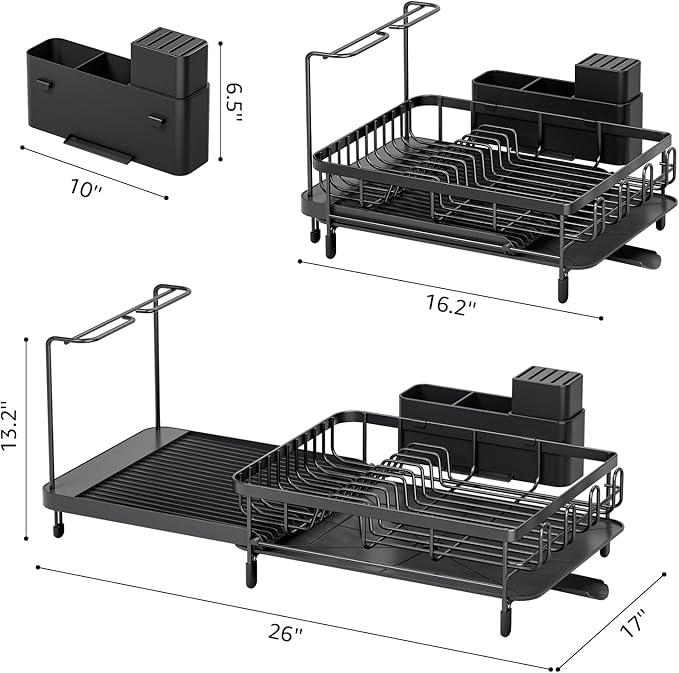 Urackify Large Dish Drying Rack – Expandable Dish Rack for Kitchen Counter, Multifunctional Dish Drainer with Cup & Wine Glass Holder, 16.2"-26" L x 17" W, Black