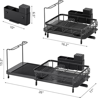 Urackify Large Dish Drying Rack – Expandable Dish Rack for Kitchen Counter, Multifunctional Dish Drainer with Cup & Wine Glass Holder, 16.2"-26" L x 17" W, Black