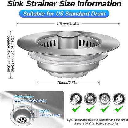 ULIOLI 3 in 1 Kitchen Sink Drain Strainer Sink Stopper, Stainless Steel Sink Drain Strainer with Anti-Clogging Basket, Kitchen Sink Drain Filter Plug for US Standard 3-1/2 Inch Drain (2Pack)