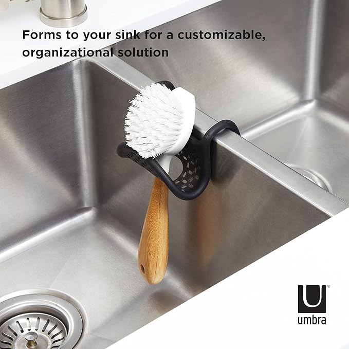 Umbra Sling Sponge Holder for Kitchen Sink – No Suction Cups, Flexible Caddy for Sinks and Faucets, Modern Design, Black