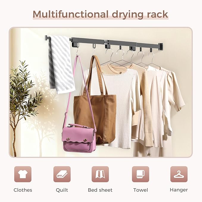 Wall Mounted Clothes Drying Rack, Space-Saving Foldable Clothes Drying Rack, Wall Clothes Hanger with 18 Hooks for Indoor & Outdoor Use in Laundry Room, Bathroom & Balcony