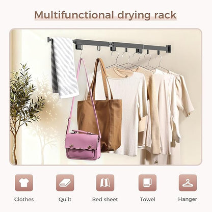 Wall Mounted Clothes Drying Rack, Space-Saving Foldable Clothes Drying Rack, Wall Clothes Hanger with 18 Hooks for Indoor & Outdoor Use in Laundry Room, Bathroom & Balcony