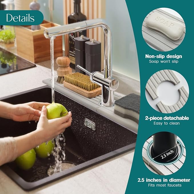 eormoe 30 Inch Faucet Mat for Kitchen Sink - Instant Dry Sink Protector for Countertop, Extra-Long Diatomaceous Earth Stone Sink Tray Around Faucet for Kitchen Bathroom RVs (Light Grey, 30" x 3.9")