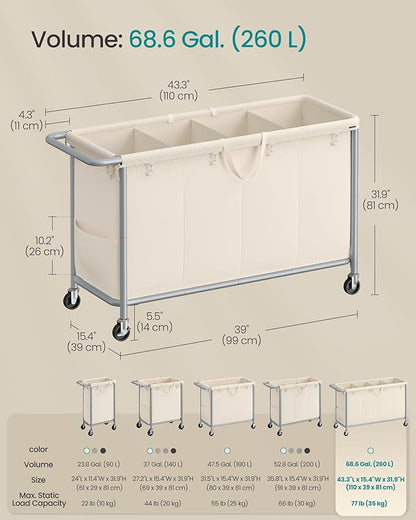 SONGMICS Laundry Basket with Wheels, 4-Section Rolling Laundry Hamper, 68.6 Gallons (260 L), Removable Liner, Steel Frame with Handle, 43.3 x 15.4 x 31.9 Inches, Cream White URLS014W01